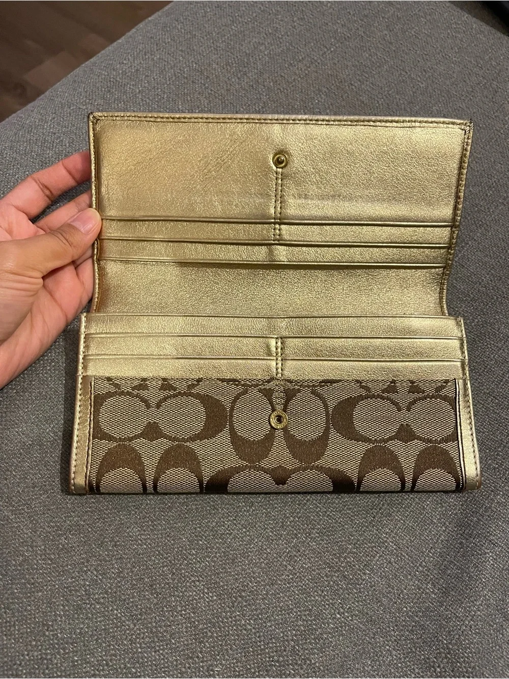 Coach Brown Signature Canvas Continental Wallet with Gold Trim